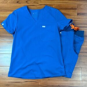 Figs Alps Blue Scrub Set with Orange Accents